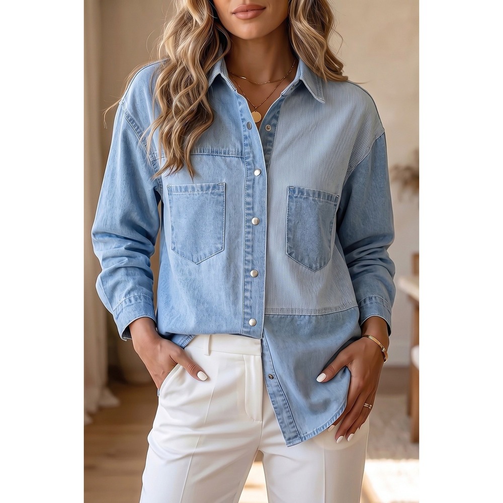 SYNZ Denim Patchwork Shirt Womens XL Blue Two-Tone Button Long Sleeve Blouse